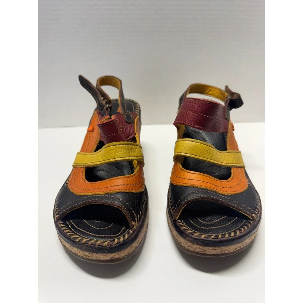 Art Company 992 Multi Color Leather Cork Wedge Platform Sandals Womens 39 8.5‎